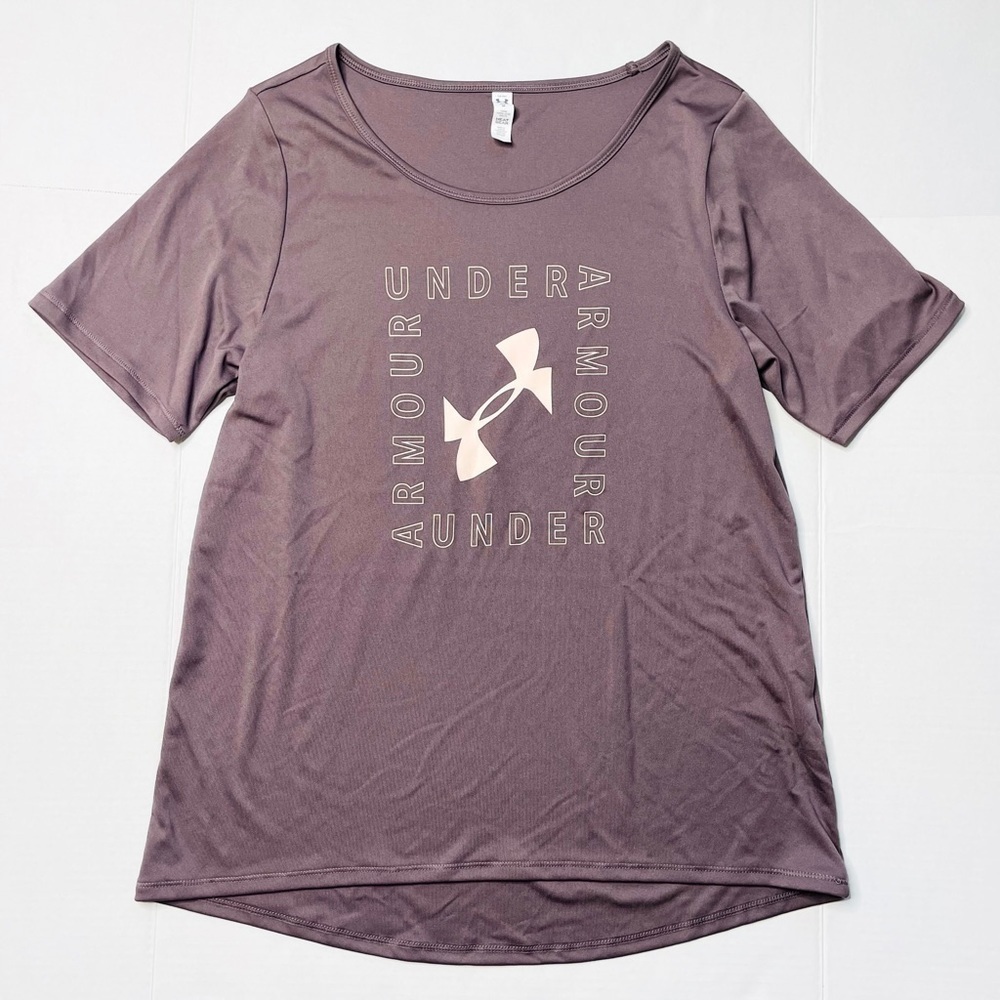 Under Armour Loose Purple Spellout Logo HeatGear UPF 40 T-Shirt Size M NWT